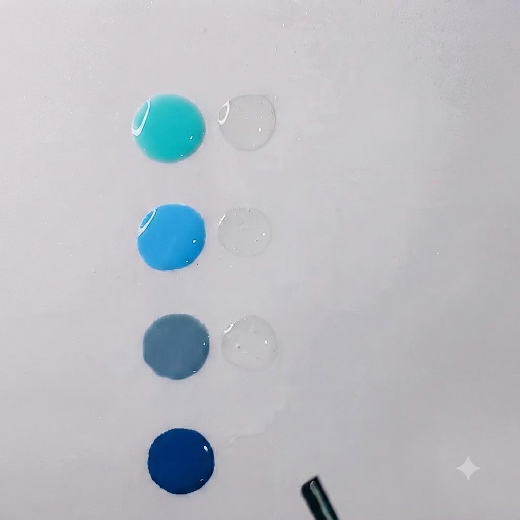 Drops of vibrant water blue gel and clear transparent gel placed neatly on a clean white mixing palette.