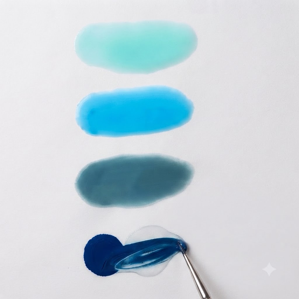 A nail brush mixing dark Morandi blue gel with transparent gel on a white mixing palette.