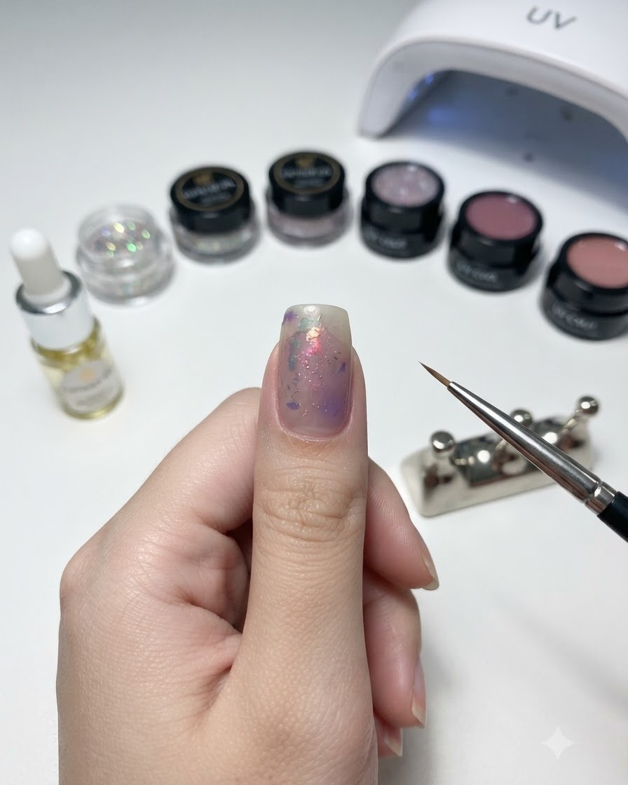A hand holding a fine liner brush next to a work surface with nail products, showcasing a thumb with blended purple nail art.