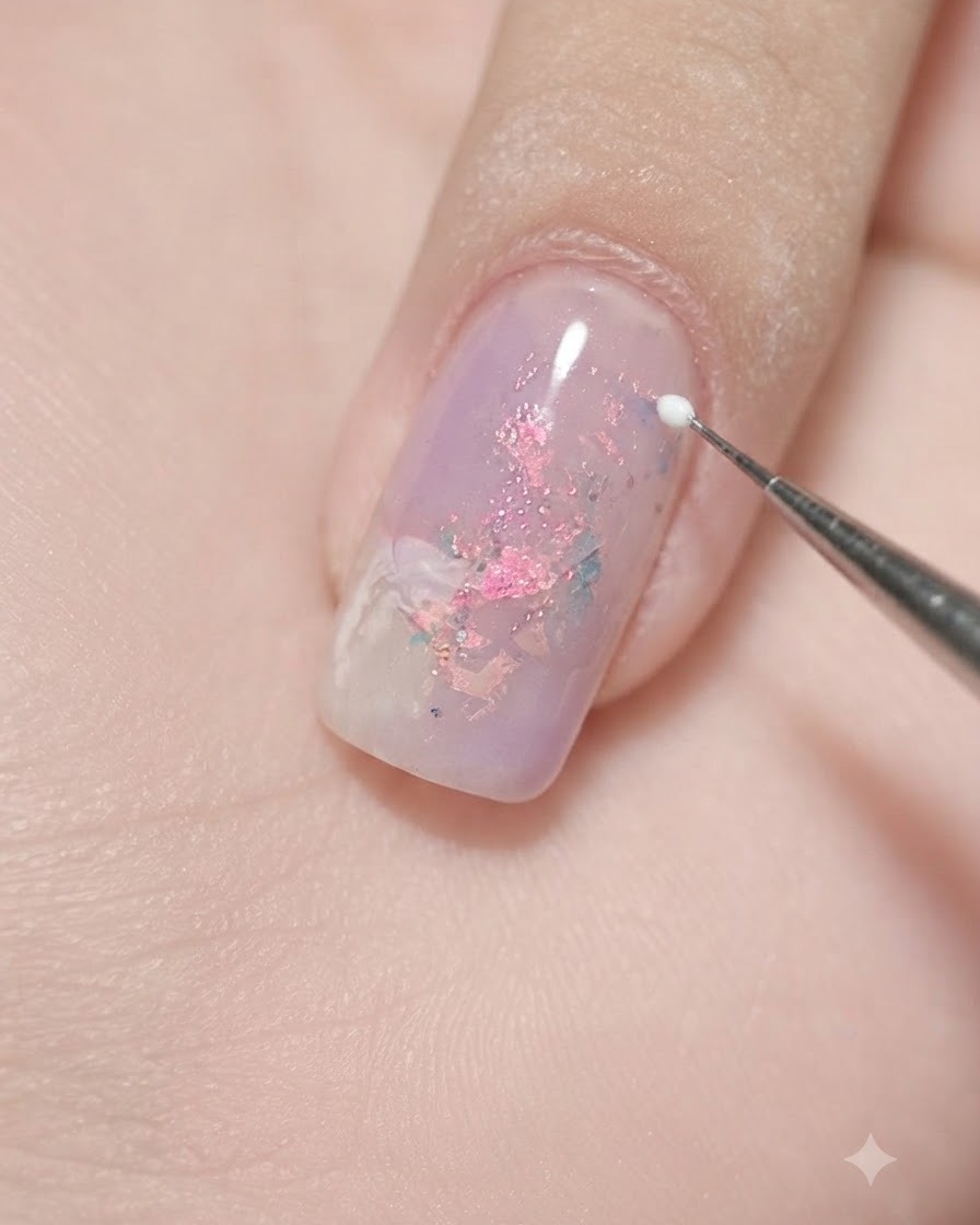 A fine liner brush creating a thin, curved white line over a purple and pink marbled nail.