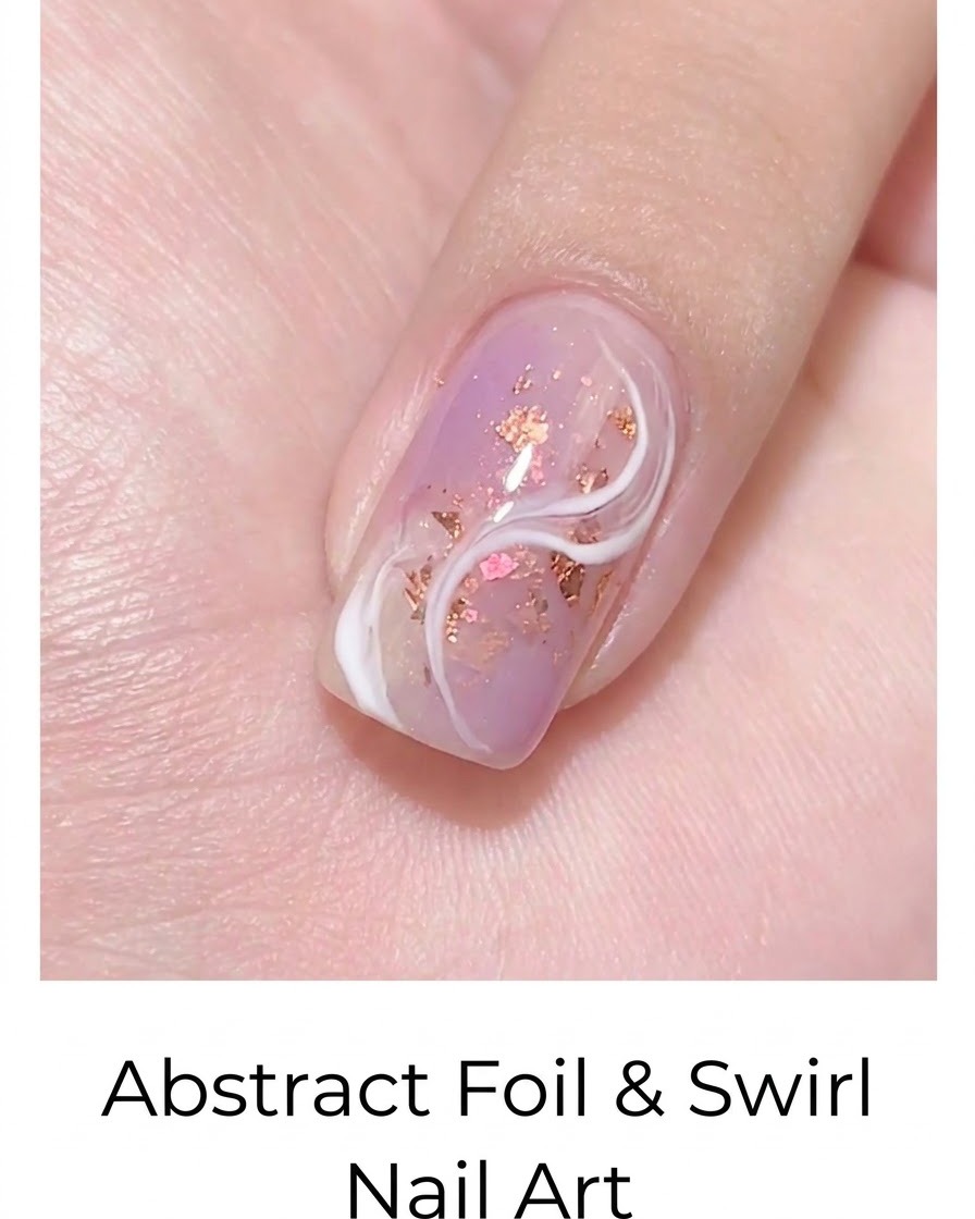 A close-up view of a finished abstract nail art design featuring a smoky white vein over a purple background with foil flakes.