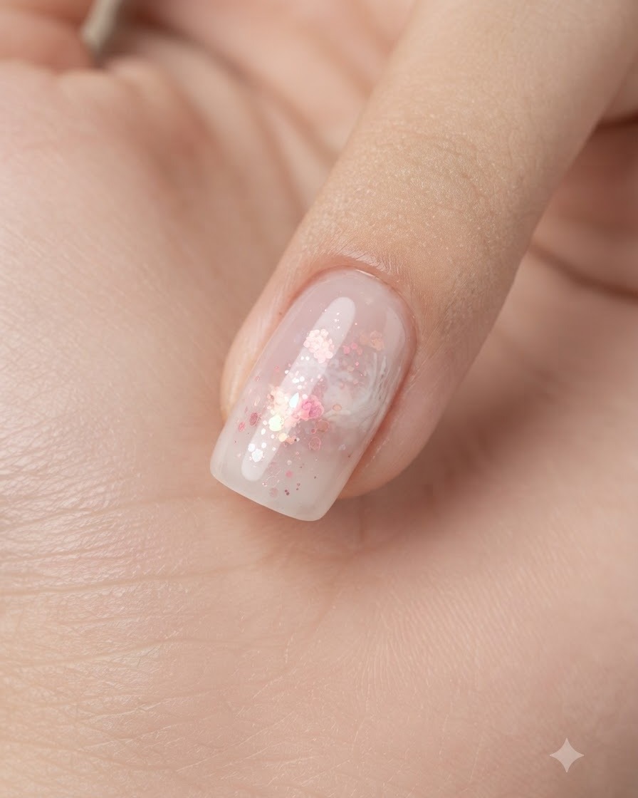 A flat brush gliding a clear layer of gel over a decorated nail with pink glitter and white accents.