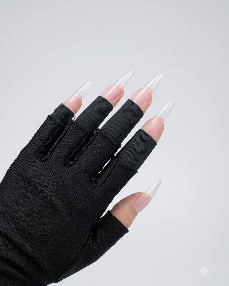 A close-up view of hands wearing black gloves with long prepped clear nail extensions.