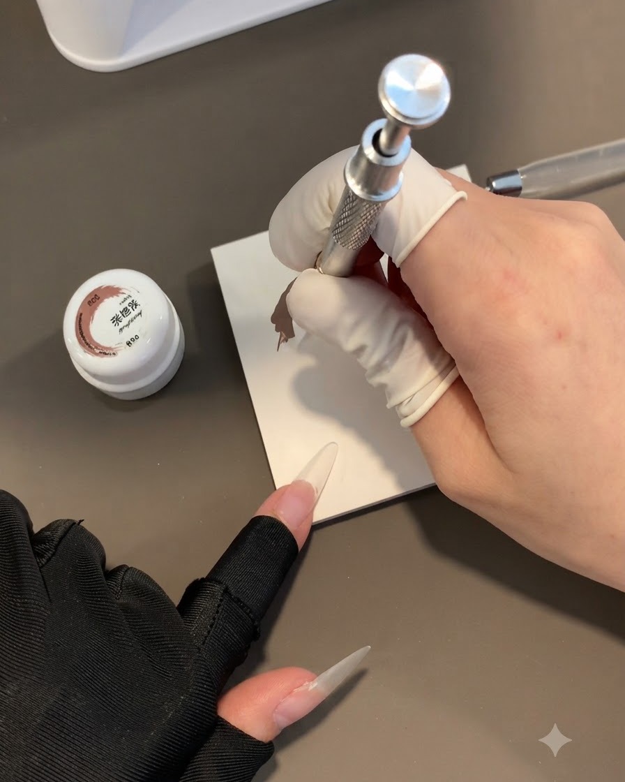 A gloved hand using a special sponge tapping tool to apply grey gel onto a long clear nail.