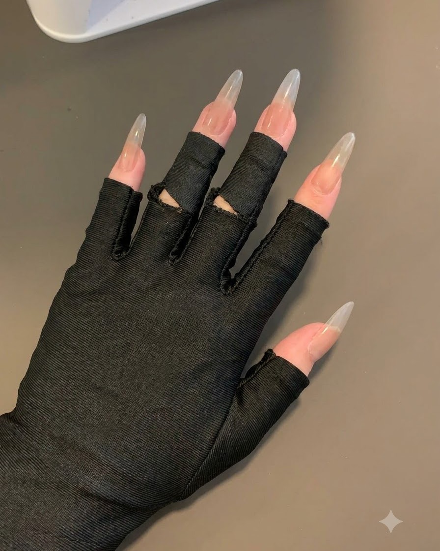 A hand wearing black fingerless gloves showing long nails with a soft tapped grey base gradient.