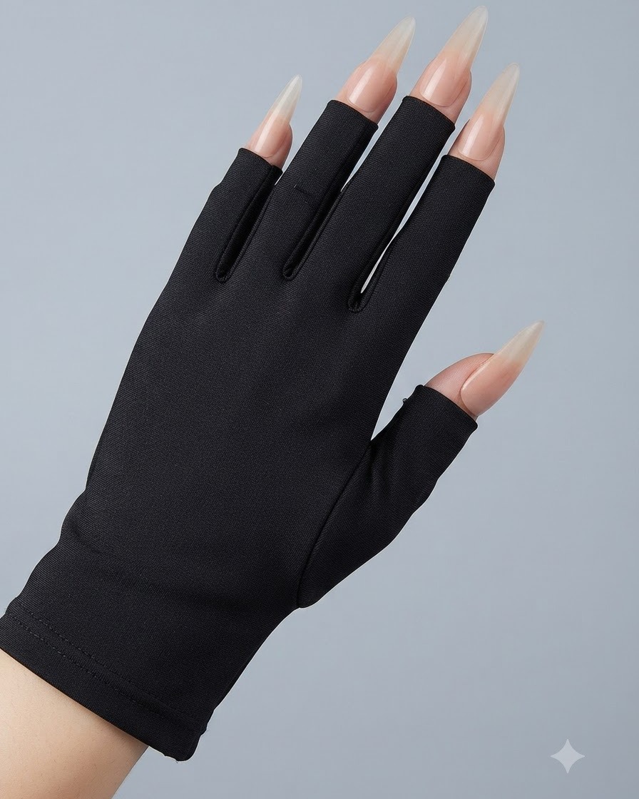 A hand wearing black gloves resting inside a nail lamp with nails curing under light.