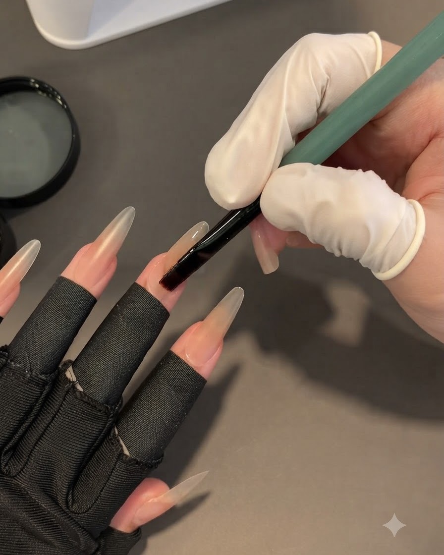 A brush smoothing a clear layer of thick base gel over an elongated nude-toned nail.