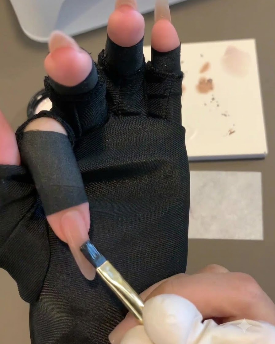 A flat brush gently tapping and pulling purple gel upwards on a nail to form a gradient.