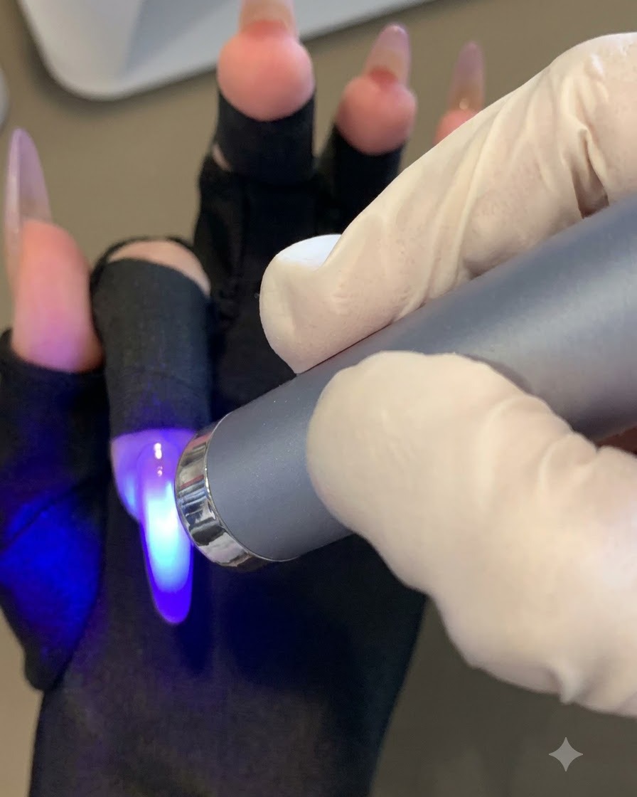 A portable UV lamp curing the purple gradient layer on a finger.
