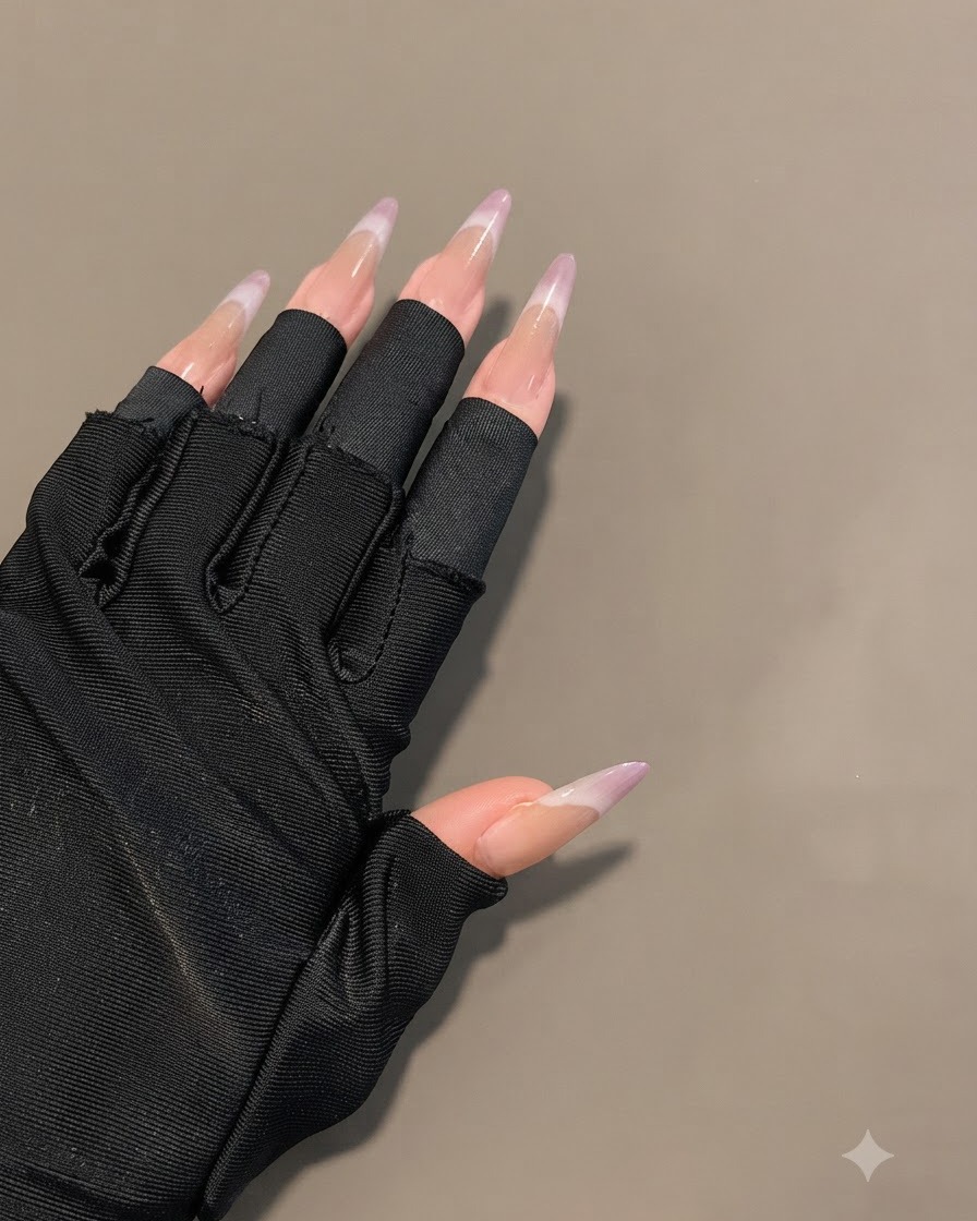 A hand wearing black fingerless gloves displaying long oval nails with a completed sheer purple gradient.