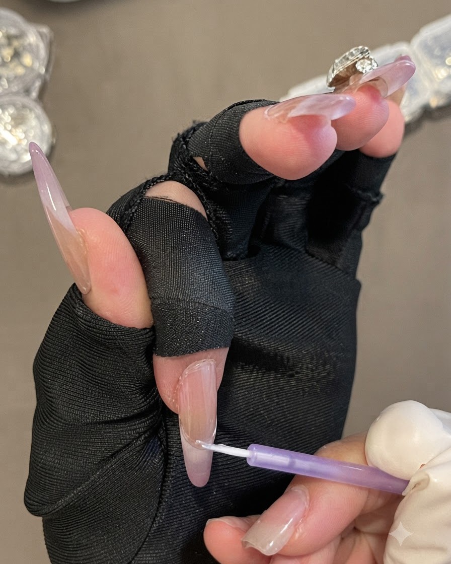 A hand wearing black fingerless gloves holding a brush to apply clear gel around the cuticle area of a nail.