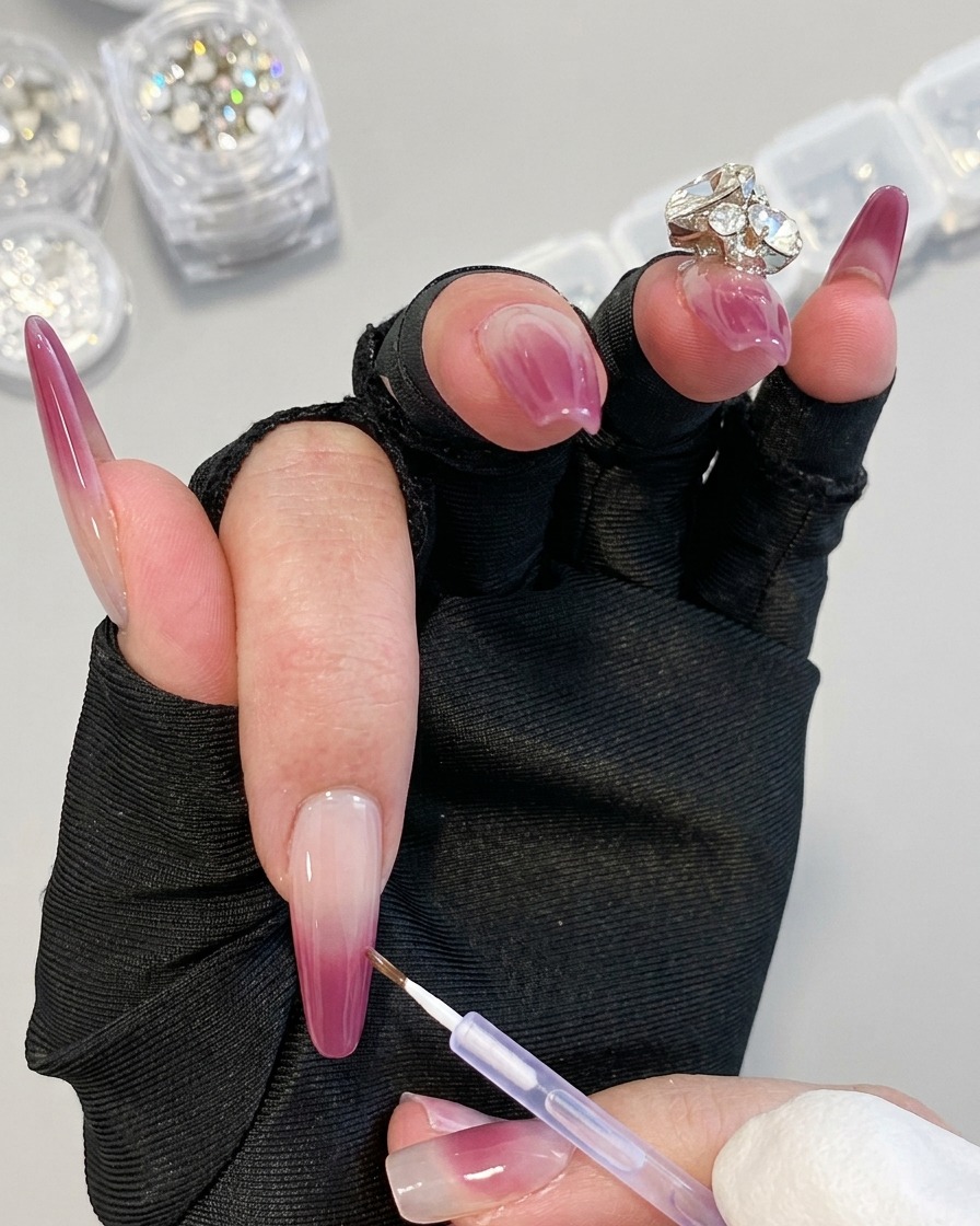 A hand wearing black gloves holding a fine detail brush to apply purple gel in a precise line on a nail.