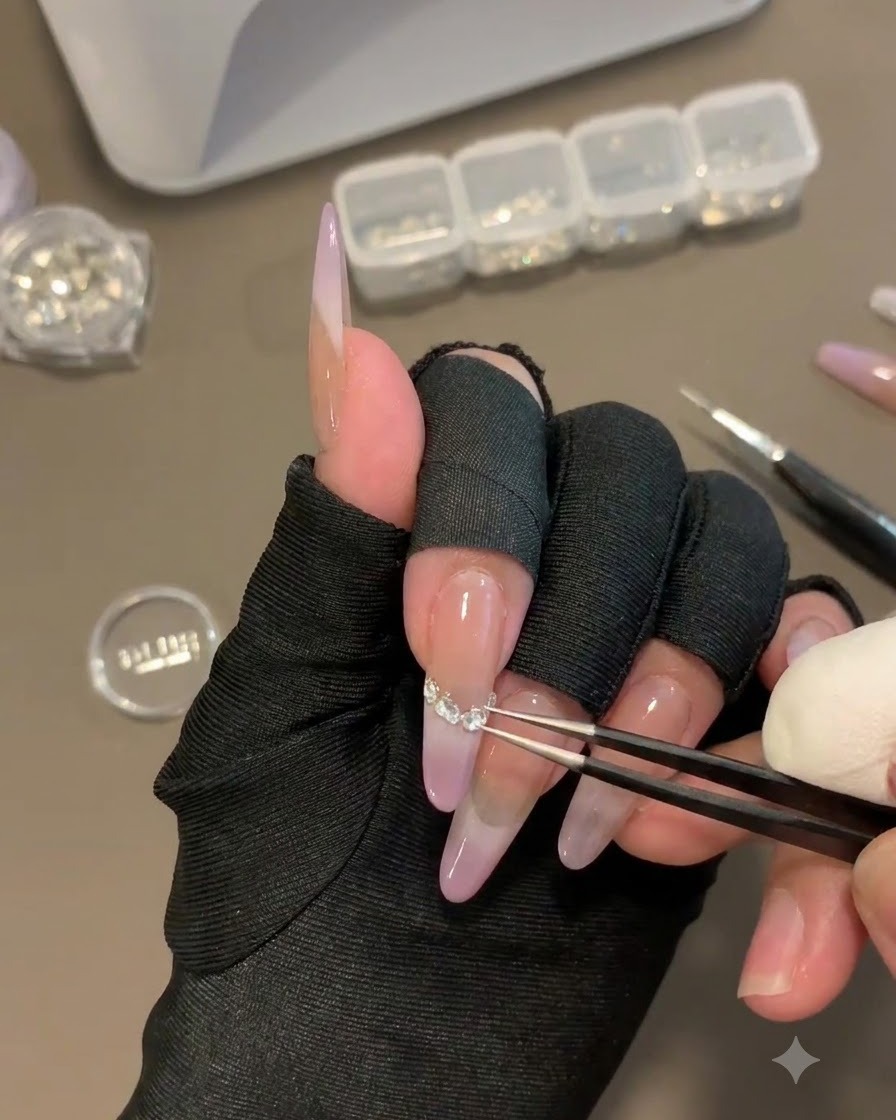 A hand holding tweezers placing tiny clear rhinestones in a curved row along a nail.