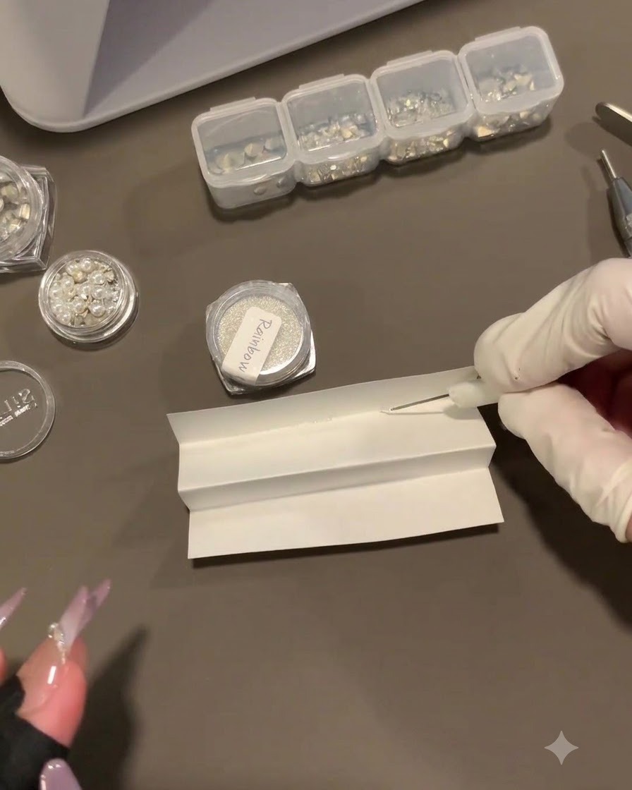 A gloved hand holding a needle with a magnet attached over a folded paper containing tiny steel beads.