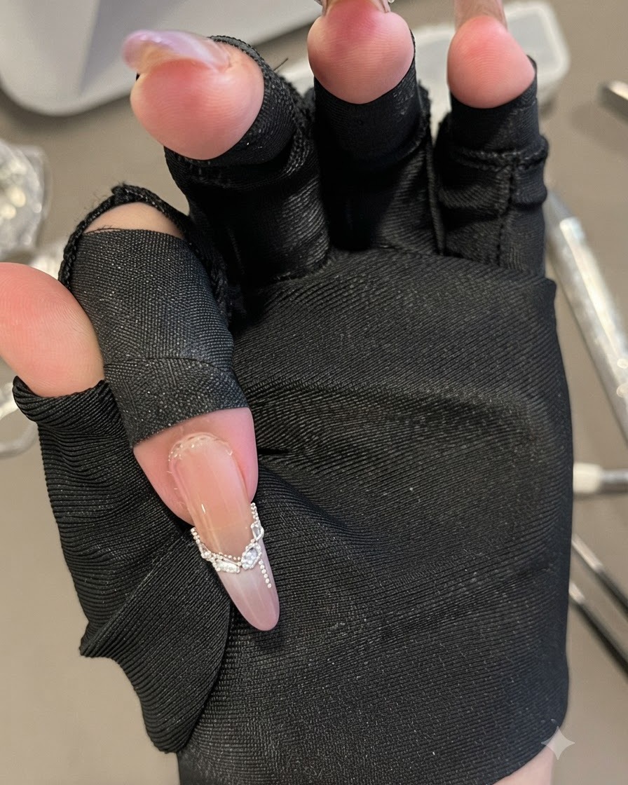 A close-up view of a manicured hand wearing a black fingerless glove, showcasing detailed rhinestone and steel bead placement on a long oval nail.