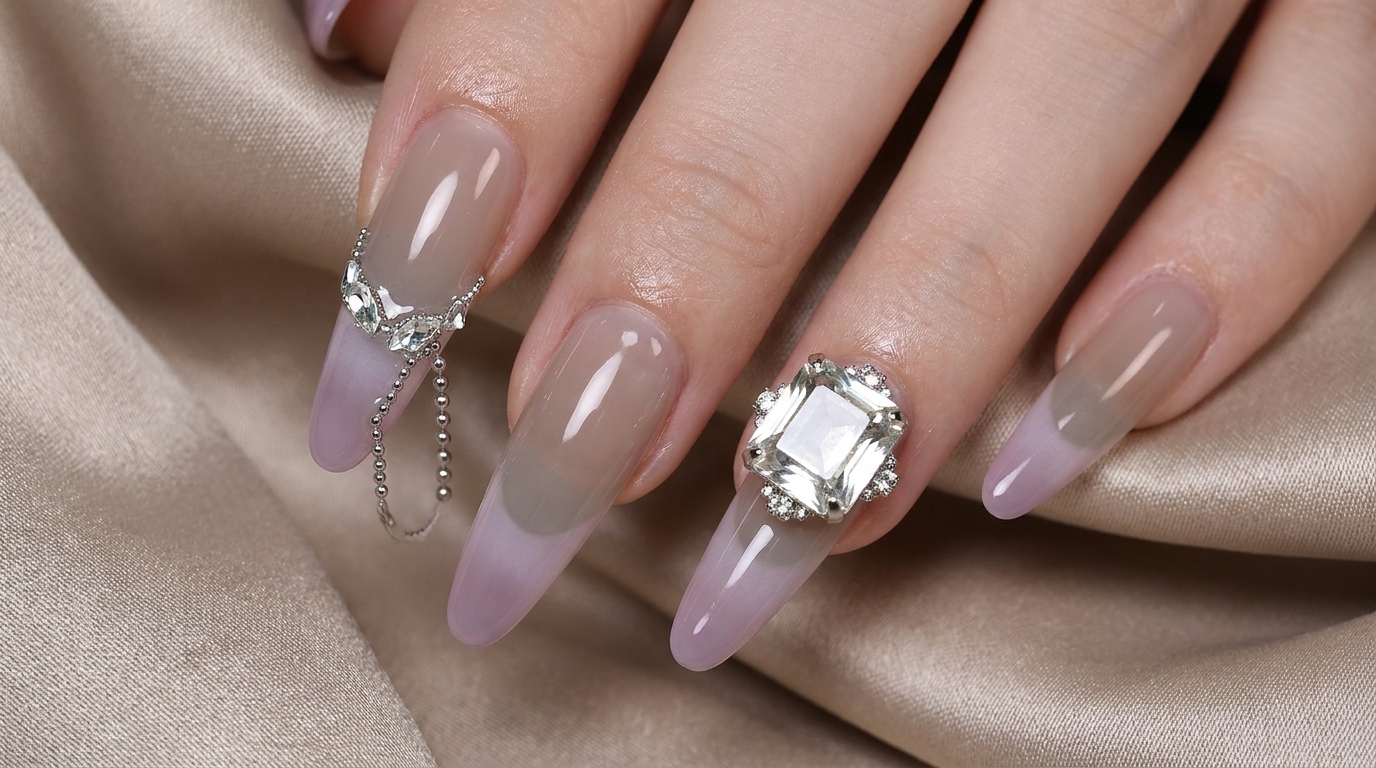 Grey-Purple Hand-Brushed Gradient French Nails with Rhinestones