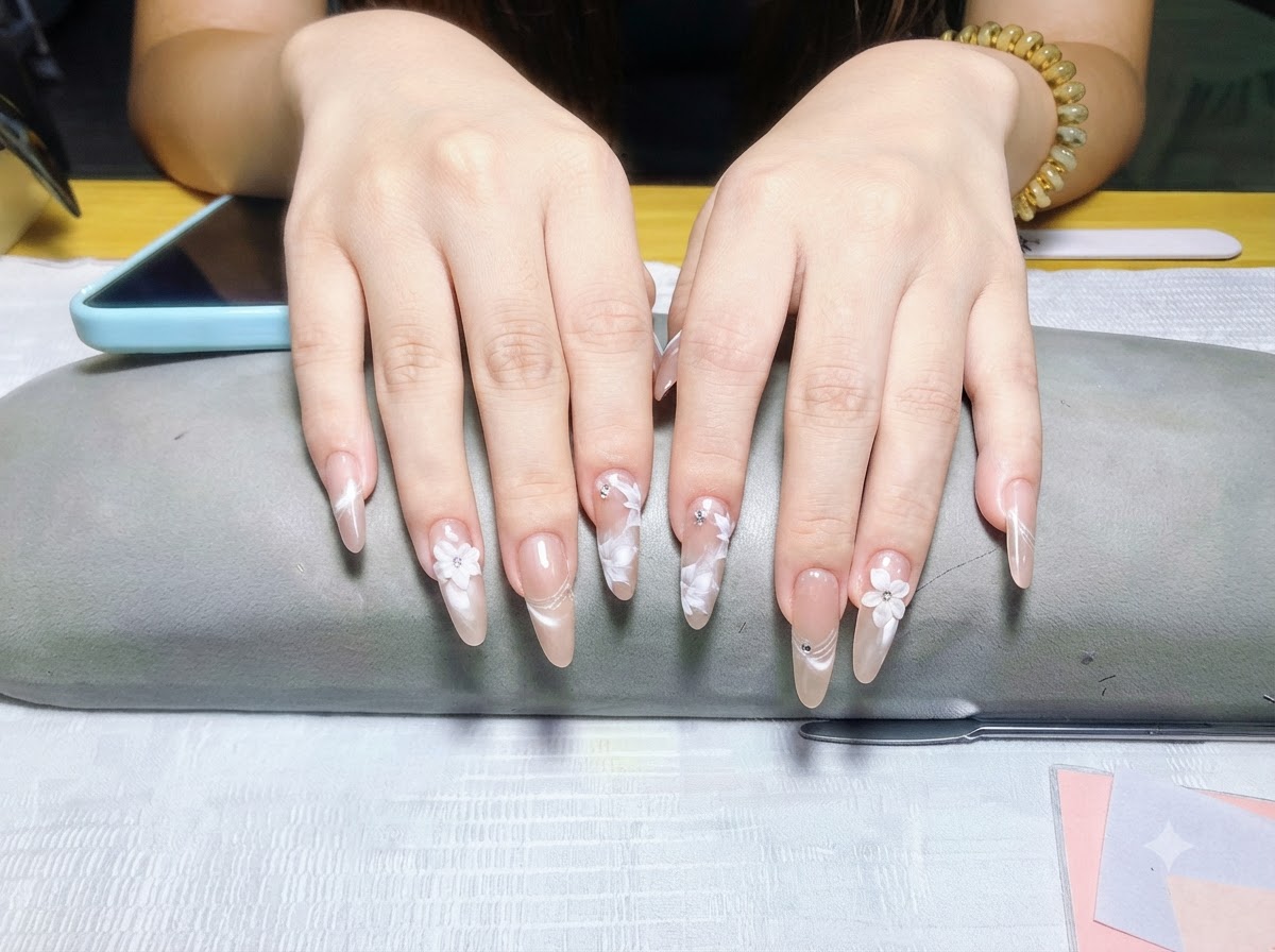 A close-up view focusing exclusively on the left hand fingers, highlighting the pearlescent finish and white floral decorations.