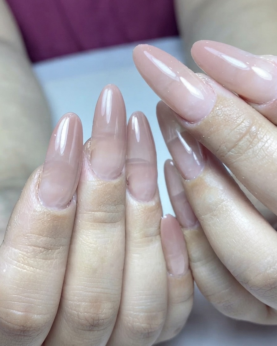 A nail brush applying a thin coat of soft pink color gel onto almond-shaped nails.