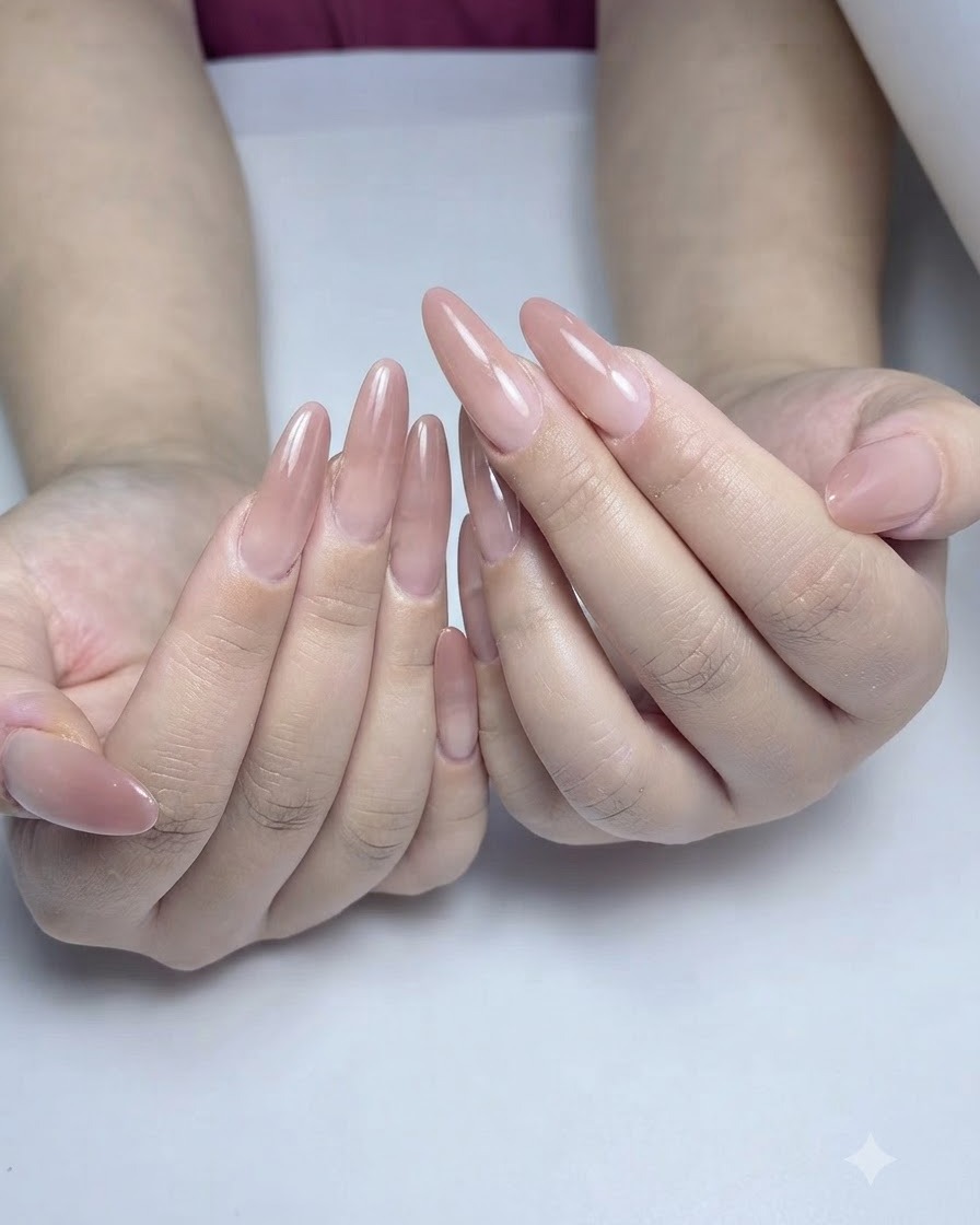 A hand showing almond-shaped nails with a deepening soft pink gradient effect after the second color layer.