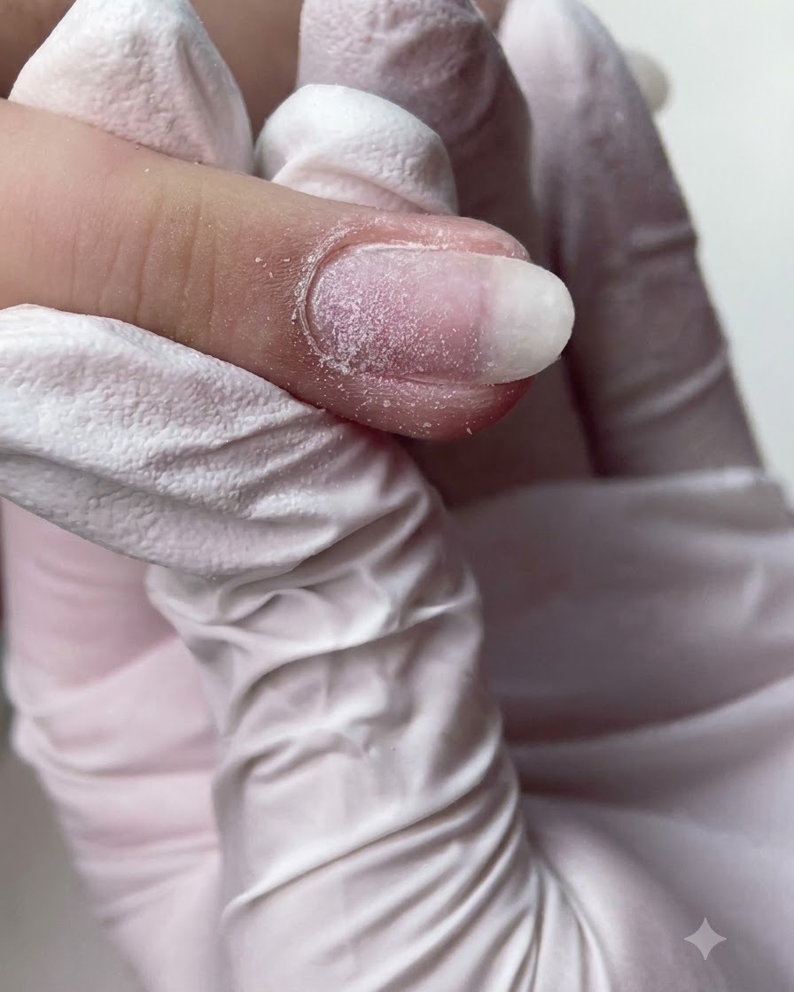 A close-up view of a nail technician using an inverted cone bit to clean around the cuticle zone.