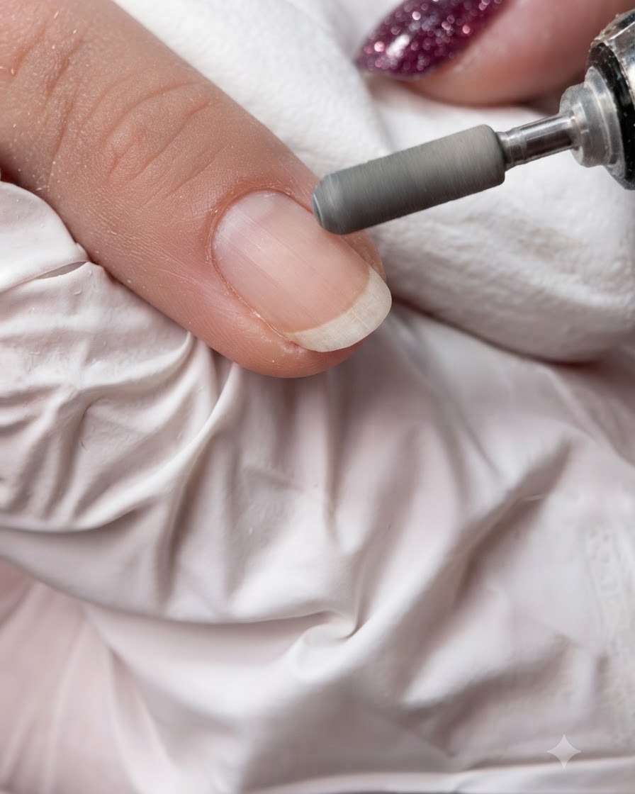 A barrel ceramic bit on an E-file smoothing the nail surface during a wet treatment step.
