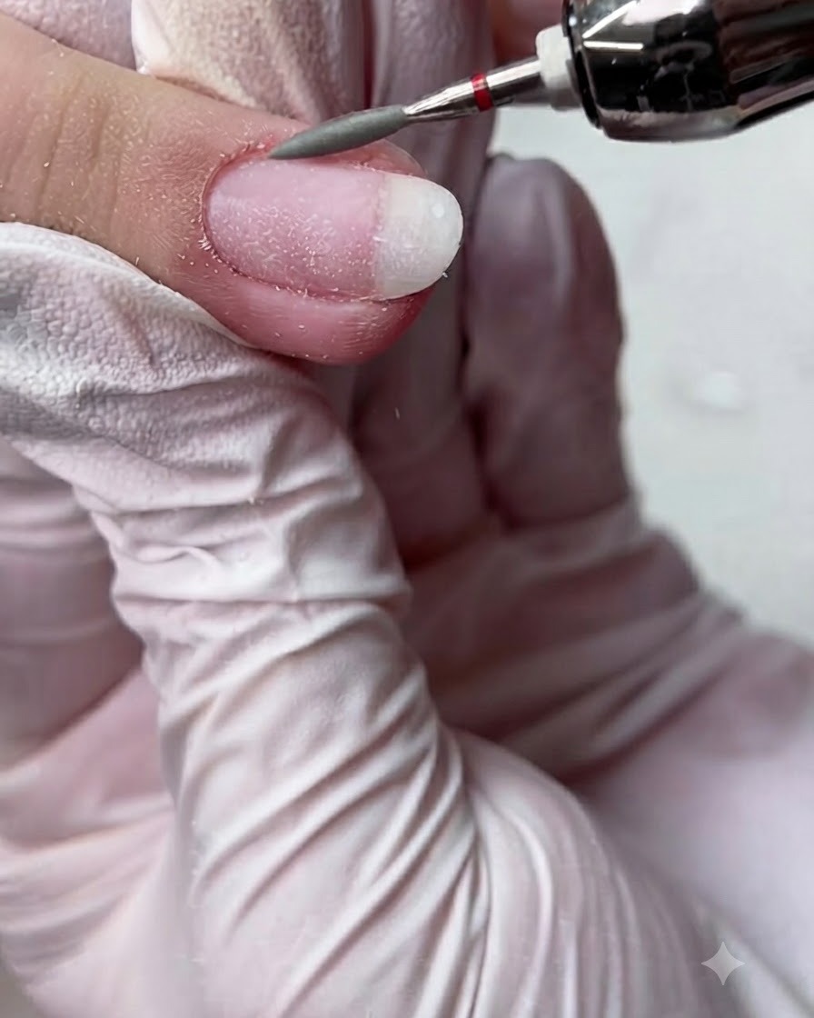 A long tapered bit cleaning along the lateral nail folds and grooves of a prepped finger.