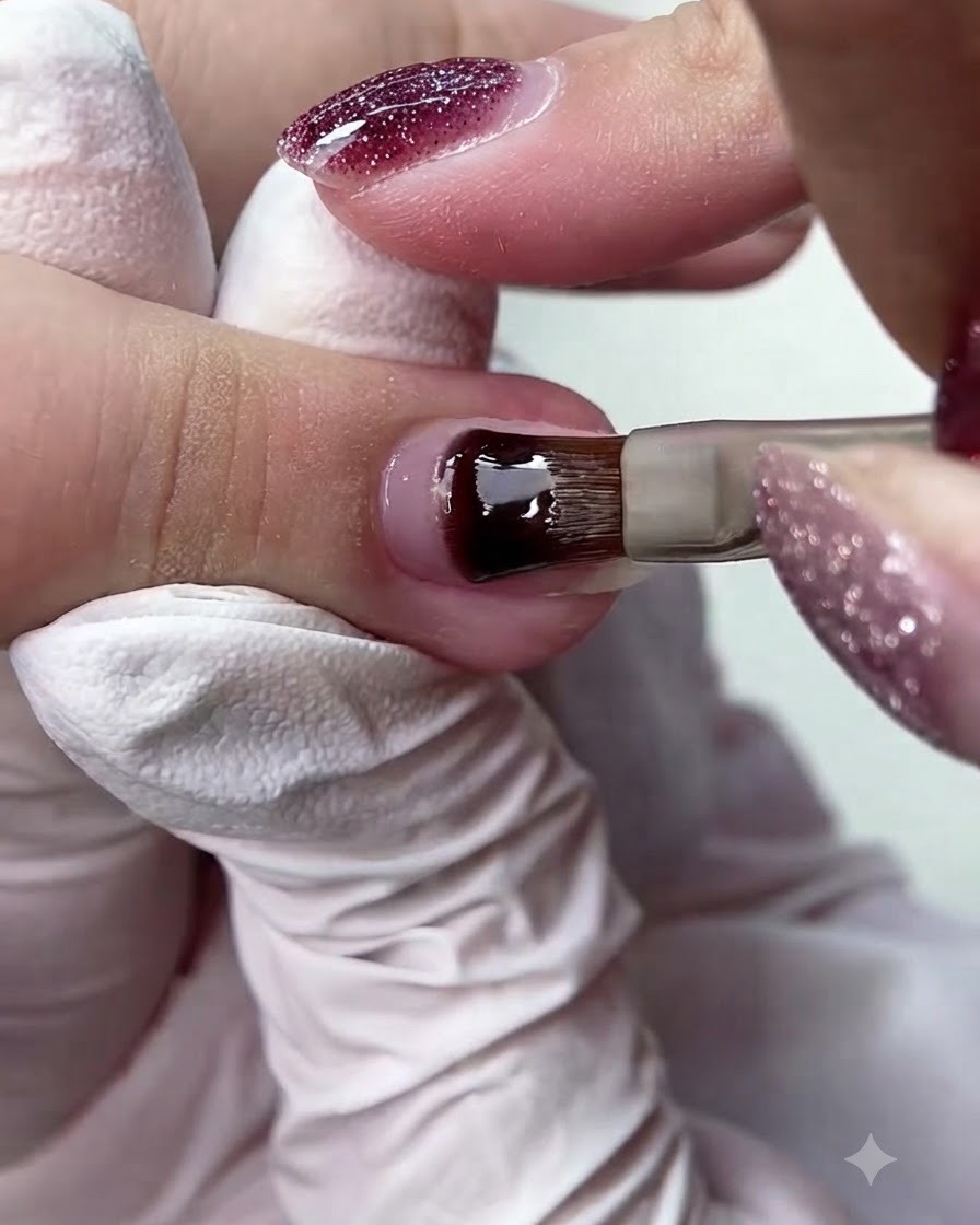 A gel brush applying Tricolor Fish base adhesive gel uniformly onto the prepared nail plate.