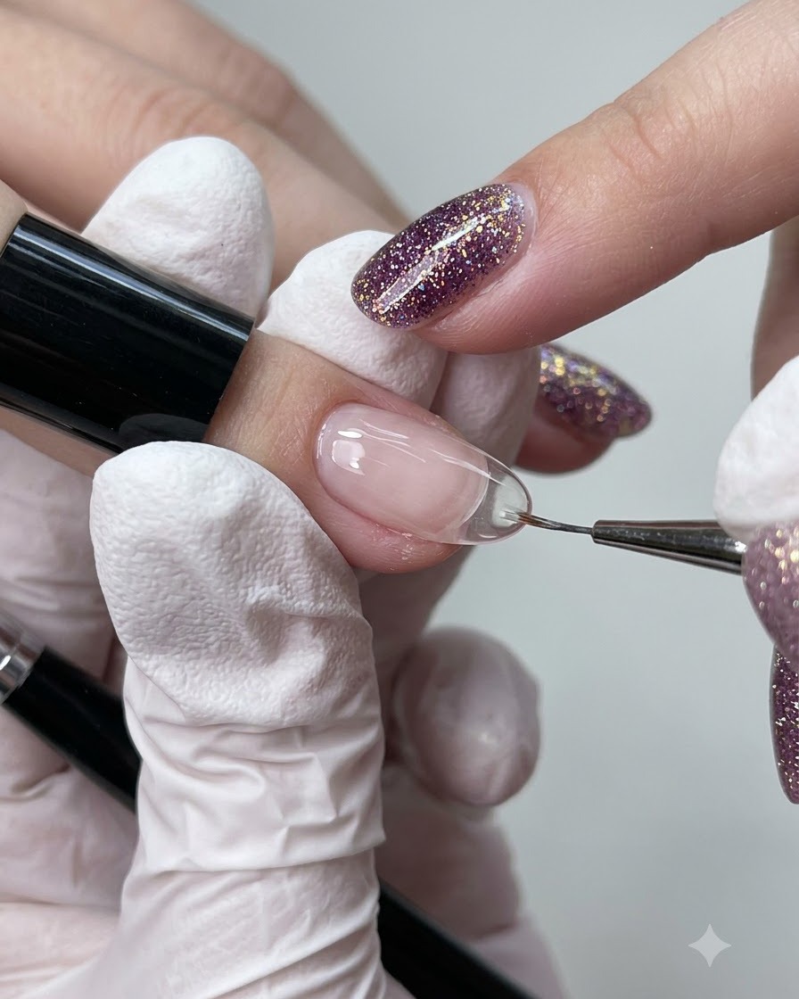 A fine liner brush smoothing and perfecting the edges of a builder gel layer on a fingernail.