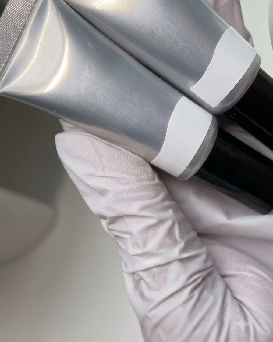 Tricolor Fish soft tube products held in gloved hands ready for application.