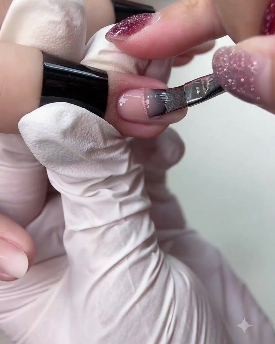 A brush applying translucent white gel over the nail surface.