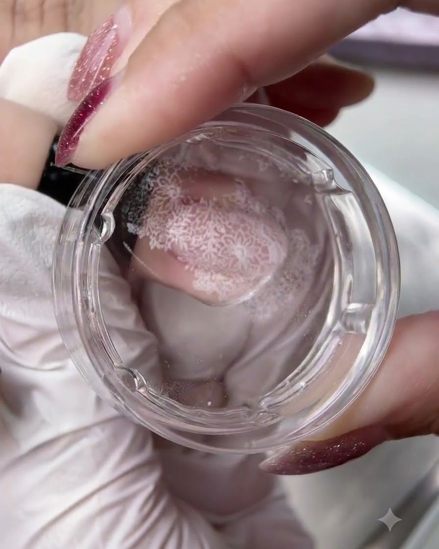 A clear jelly stamper holding a transferred white floral lace design over a nail.