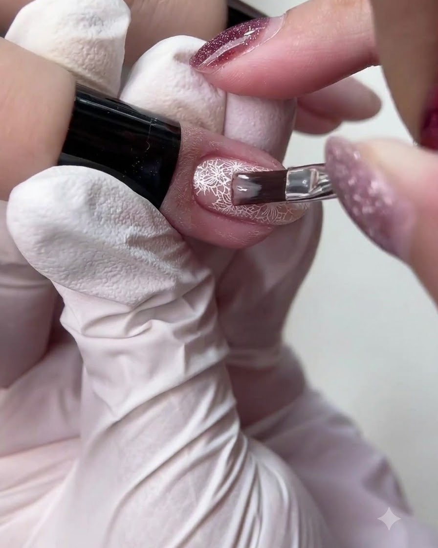 A small nail brush applying a translucent nude gel polish over a detailed white lace nail art design.