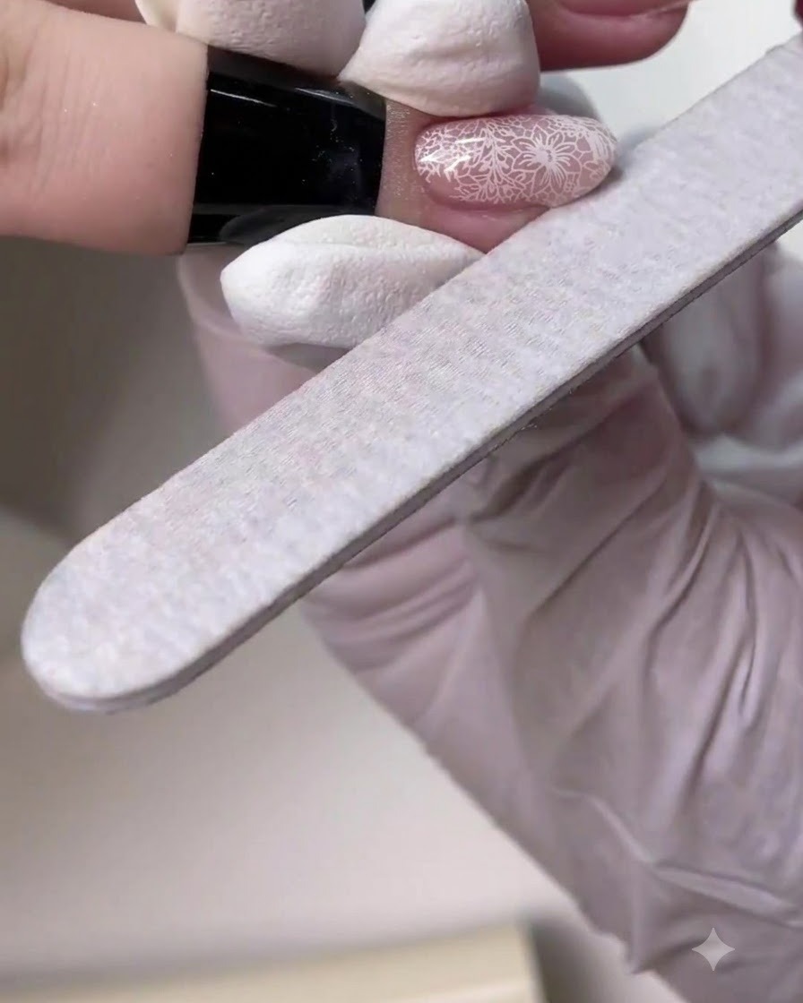 A hand nail file smoothing and refining the shape of a finished manicured nail.