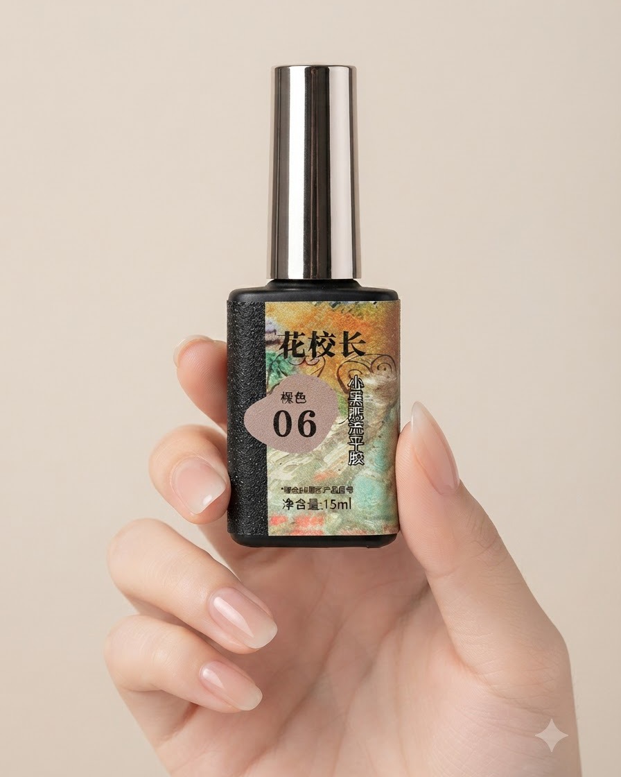 A gel polish bottle labeled flower principal nude color shade 06 held against a neutral background.