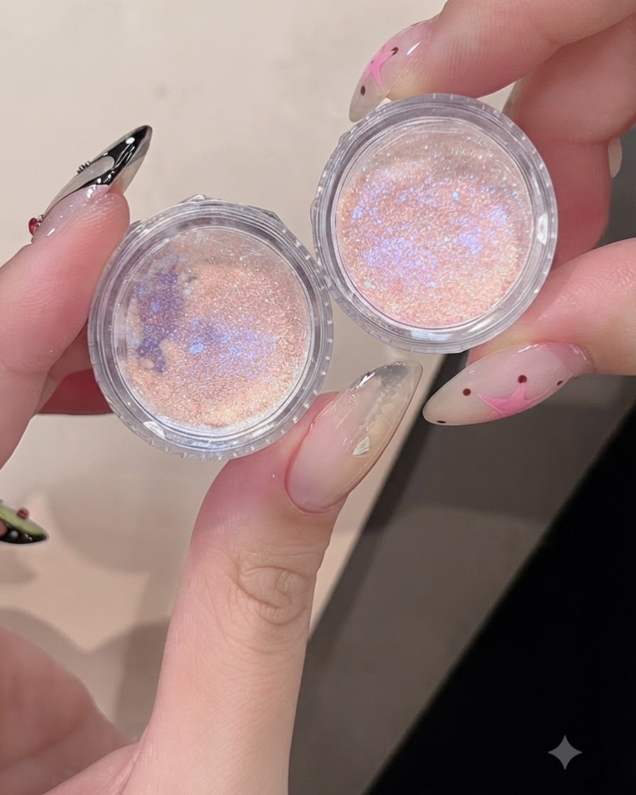 Two small jars of shimmering aurora nail powders opened side by side.