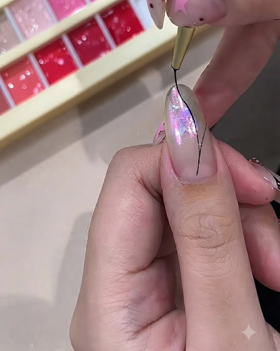 A close-up of a fine nail art brush drawing thin black lines on an iridescent nail to start a butterfly design.