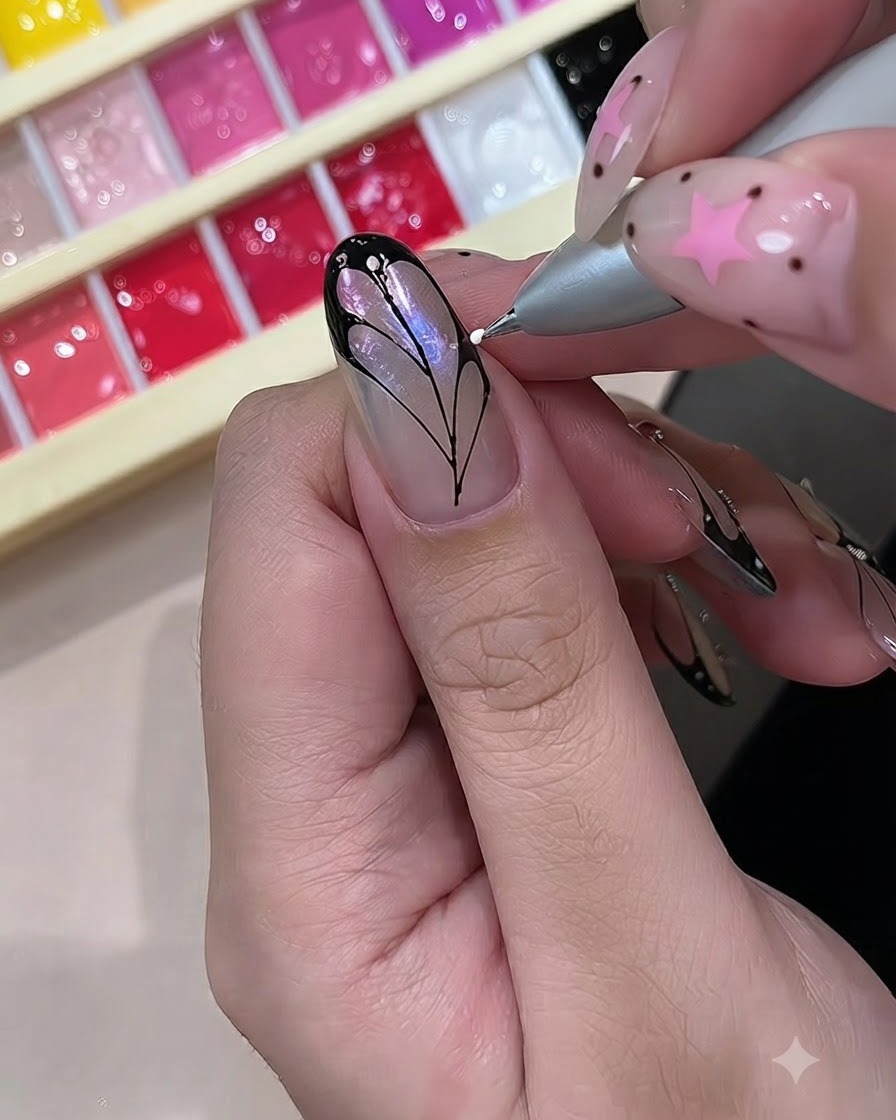 A dotting tool placing small white dots onto the black borders of a painted butterfly wing nail art.