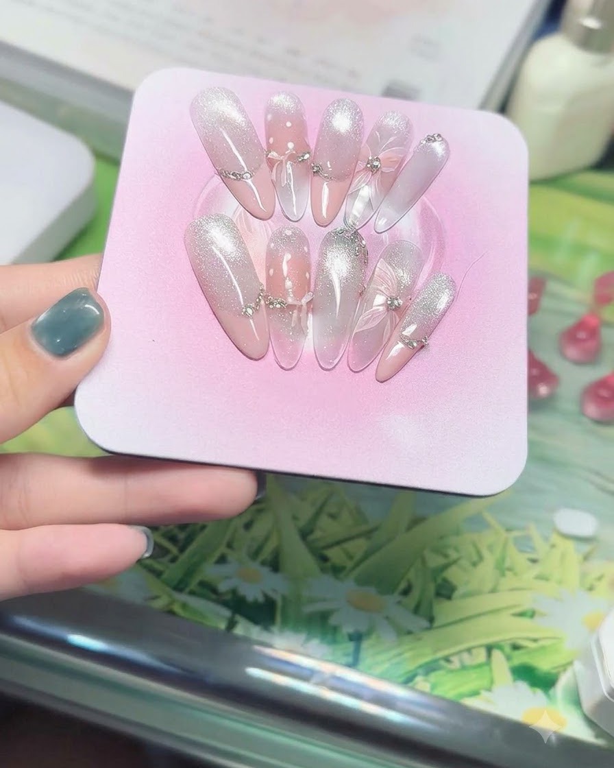 A close-up view of a pink press-on nail set adorned with 3D crystal bows and silver rhinestone chains under soft studio lighting.