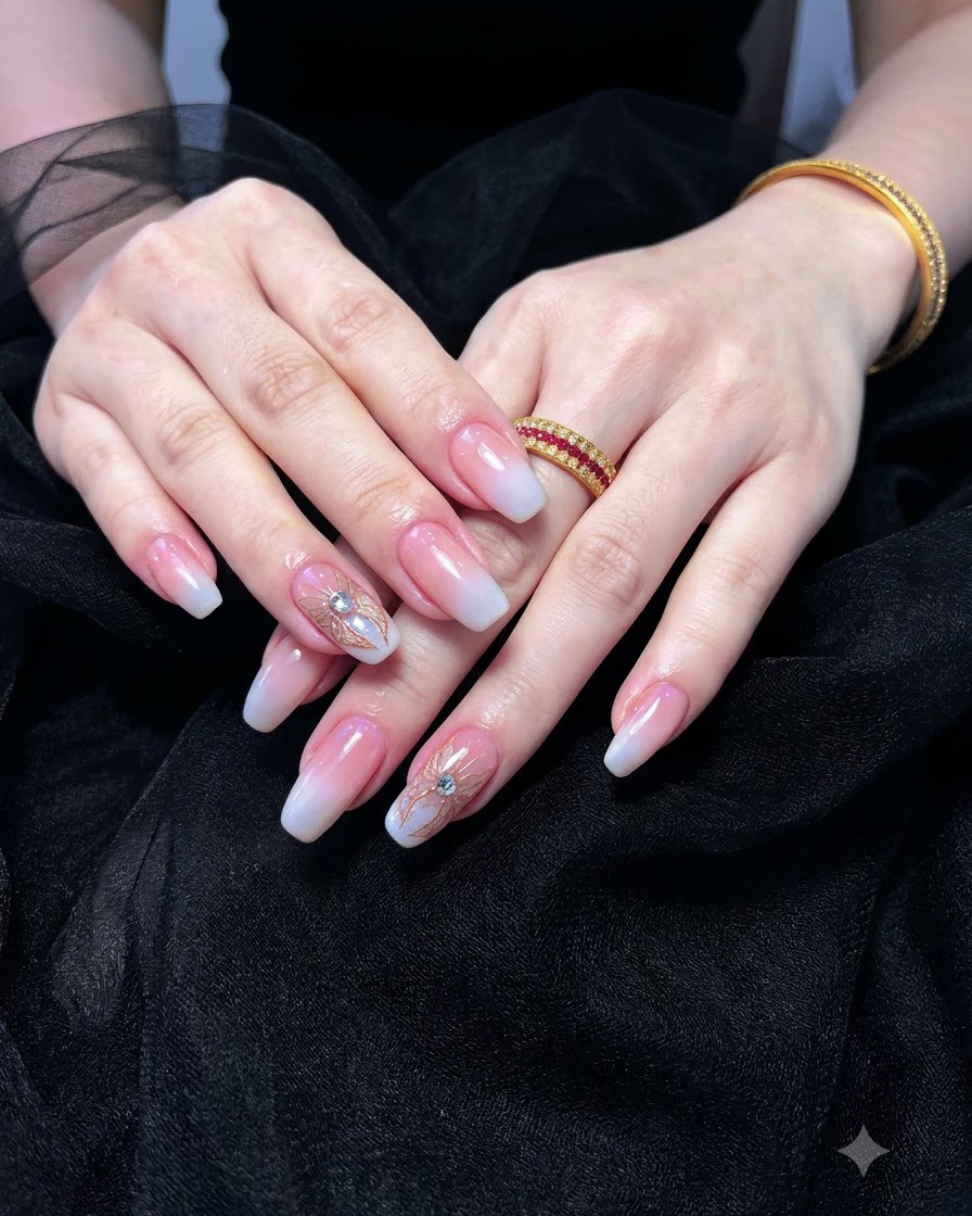 A brush smoothly applying nude pink base color gel onto a prepped fingernail.
