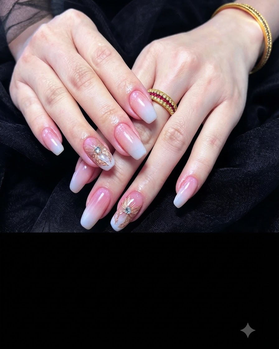 A clients hand resting inside a UV/LED nail lamp curing the nude pink base coat.