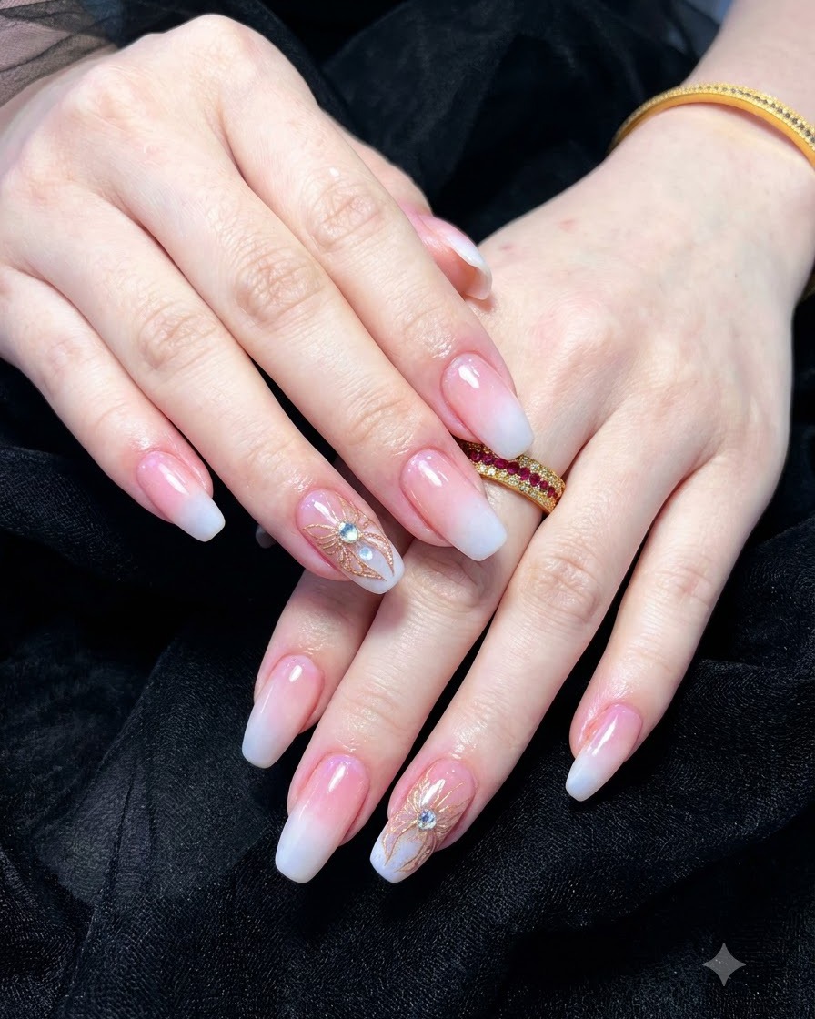 Applying milky white gel polish to the tips of the nails using a fine brush.