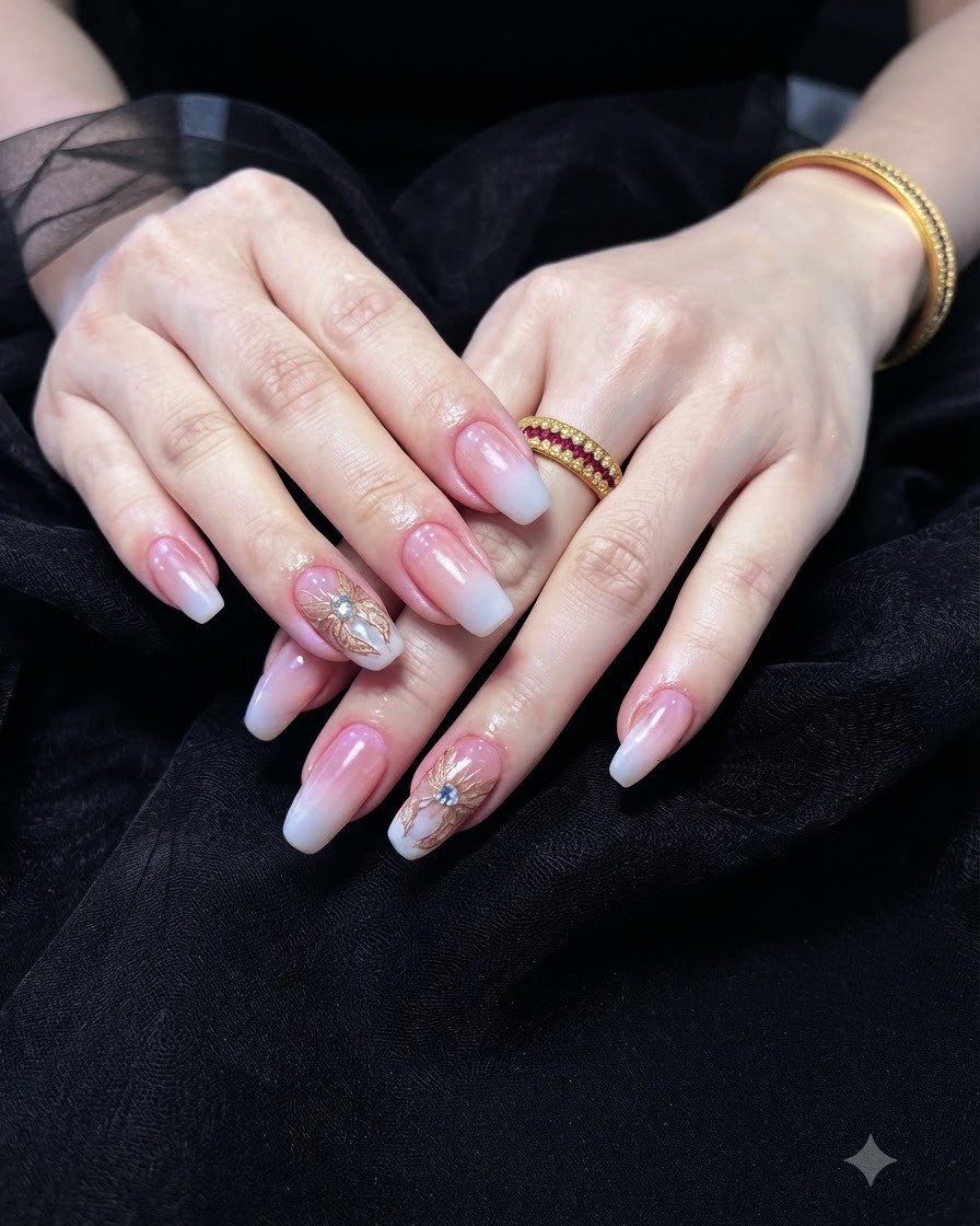 A brush or sponge softly blending the boundary between the nude base and white tip.