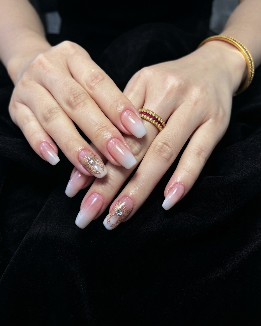 Nails curing under the purple glow of a UV/LED lamp after gradient blending.