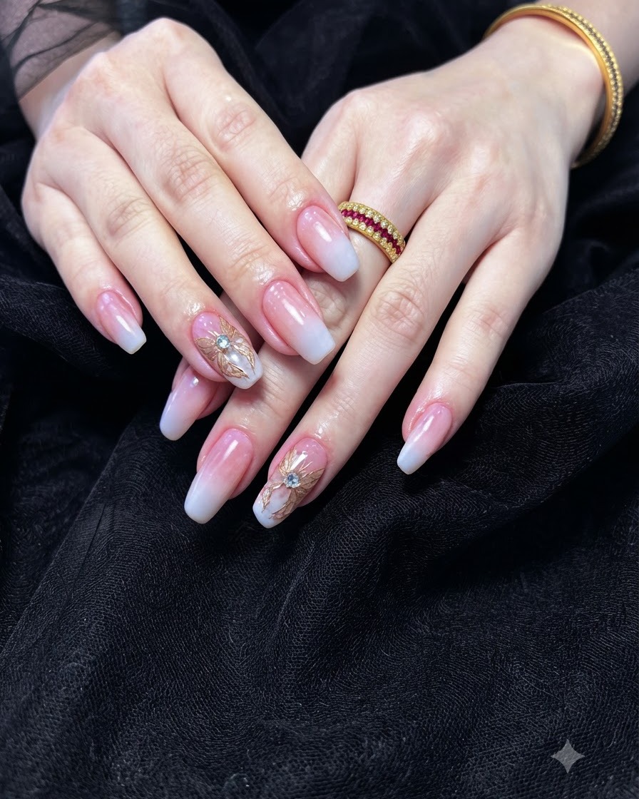 A detailed close-up of a second layer of milky white gel being applied to deepen the ombre tips.