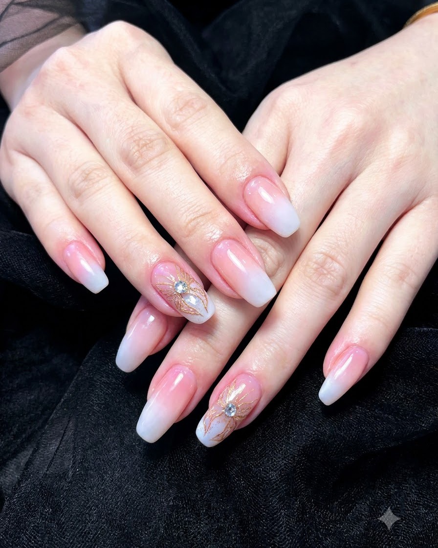 A close-up of a manicured hand with a 3D gold butterfly charm and small rhinestones being placed onto an accent nail.