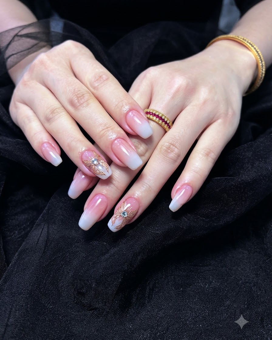 A pair of hands placed inside a professional UV nail lamp for curing gel embellishments.