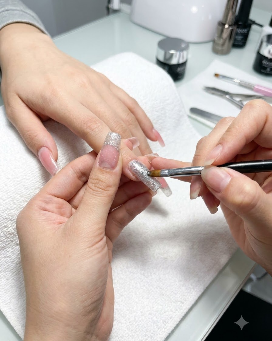 A brush applying a dense layer of silver glitter directly onto the free edge of a manicured nail.