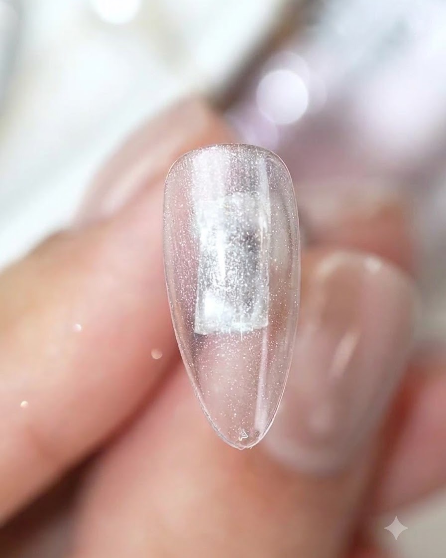 A magnet tool held over an oval clear nail showing a concentrated silver light stripe in the center.