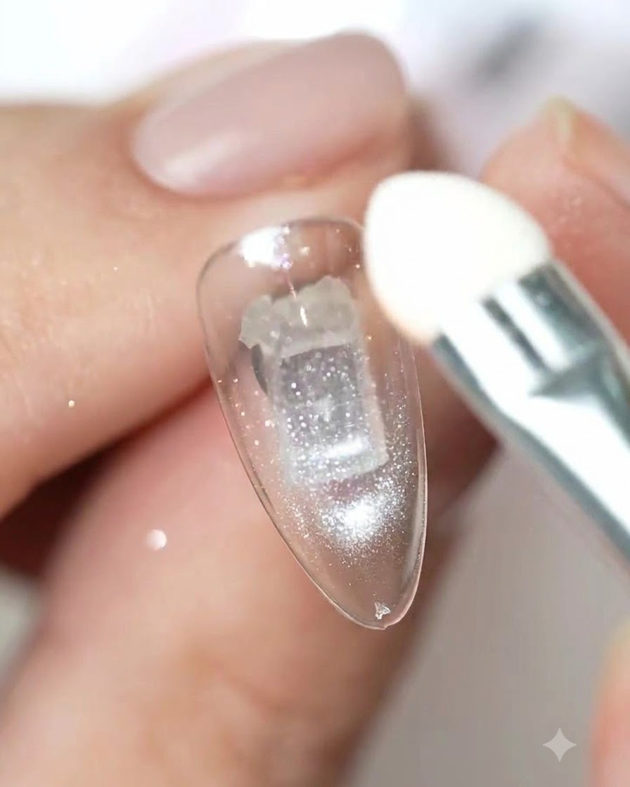 A sponge eyeshadow applicator buffing chrome powder onto the surface of a manicured nail.