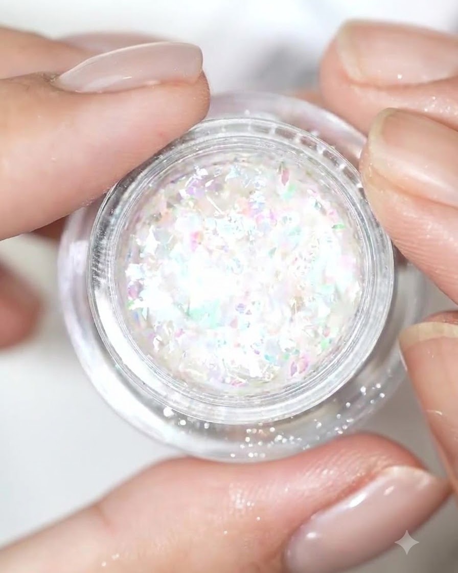 An open small jar filled with iridescent white and pastel flake glitter powder.